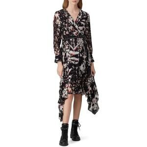 ALLSAINTS Lizia Wing Silver Studded Black Floral Asymmetrical Rocker Dress Size2